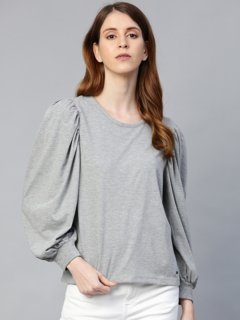 

Roadster Women Grey Melange Solid Bishop Sleeves Top