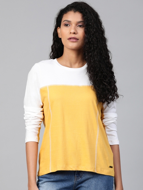 

Roadster Women Mustard Yellow & White Colourblocked Round Neck T-shirt