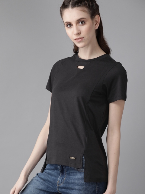 

Roadster Women Black Solid Pure Cotton T-shirt with Cut Out Detail