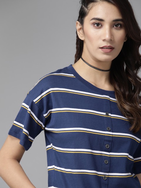 

Roadster Women Navy Blue White Striped Round Neck Pure Cotton T-shirt