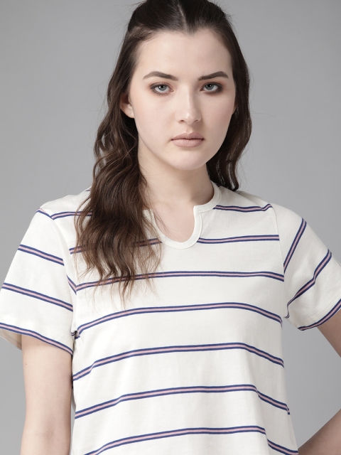 

Roadster Women White & Navy Blue Striped Pure Cotton Round Neck T-shirt