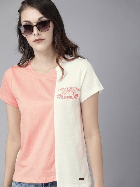 

Roadster Women Pink & Off-White Colourblocked High-Low Hem Top