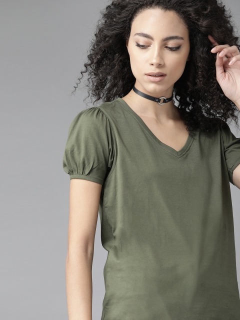 

Roadster Women Olive Green Solid Pure Cotton Top