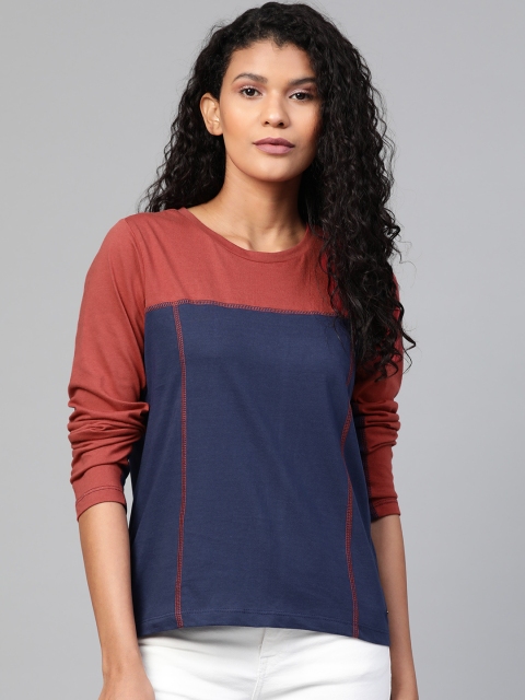 

Roadster Women Navy Blue & Rust Red Colourblocked Round Neck T-shirt