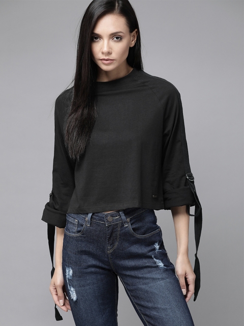 

Roadster Women Black Solid Pure Cotton Stylised Sleeved Boxy Top