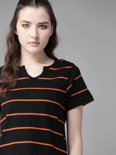 

Roadster Women Black & Mustard Yellow Striped Pure Cotton Round Neck T-shirt