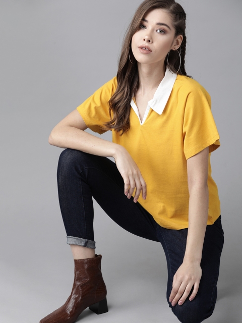 

Roadster Women Mustard Yellow Solid Polo Collar T-shirt