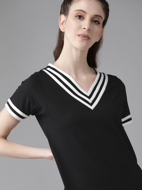 

Roadster Women Black Solid V-Neck Pure Cotton T-shirt with Striped Detail