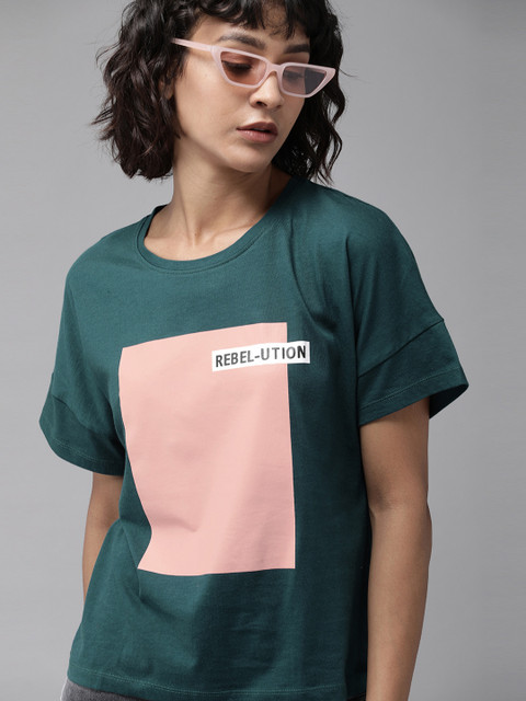 

Roadster Women Green & Pink Printed Drop-Shoulder Neck T-shirt