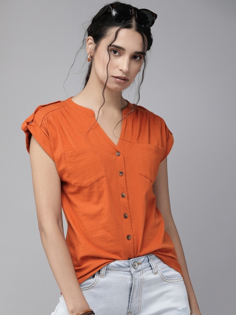 

Roadster Women Orange Mandarin Collar Roll-Up Sleeves Pure Cotton Regular Top