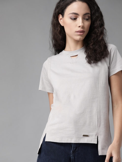 

Roadster Women Grey Solid High Low Pure Cotton Top