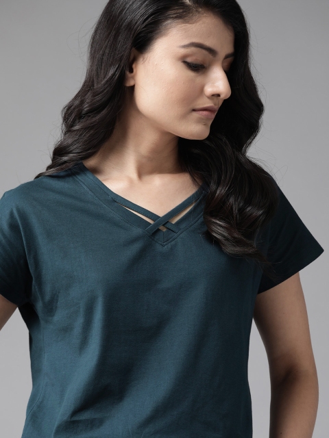 

Roadster Women Teal Blue Cotton Solid Strappy V-Neck T-shirt