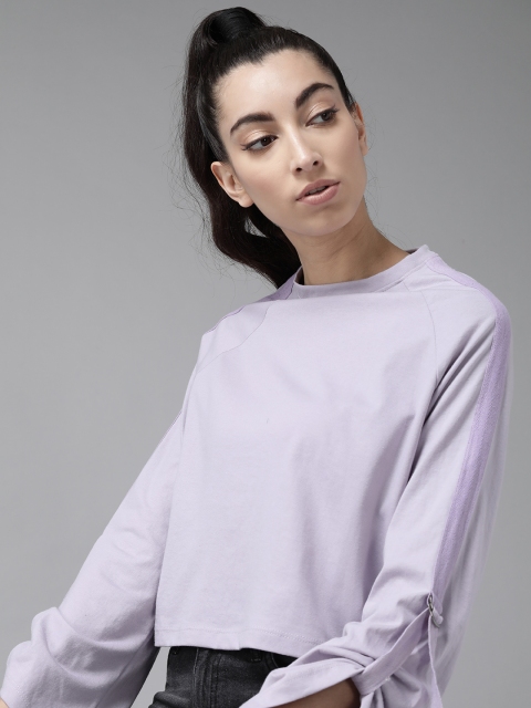 

Roadster Women Lavender Solid Pure Cotton Round Neck Boxy T-shirt