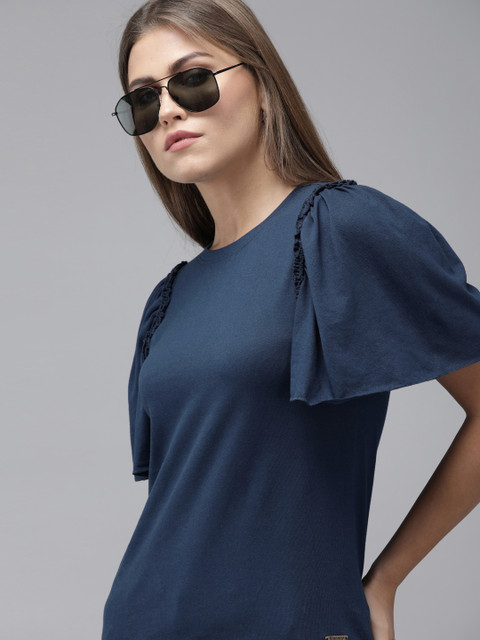 

Roadster Women Navy Blue Solid Ruffled Flared Sleeve Pure Cotton Top