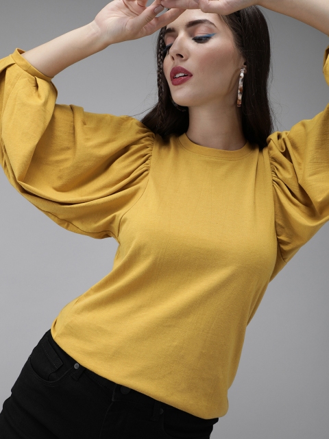 

Roadster Women Mustard Yellow Solid Pure Cotton Top