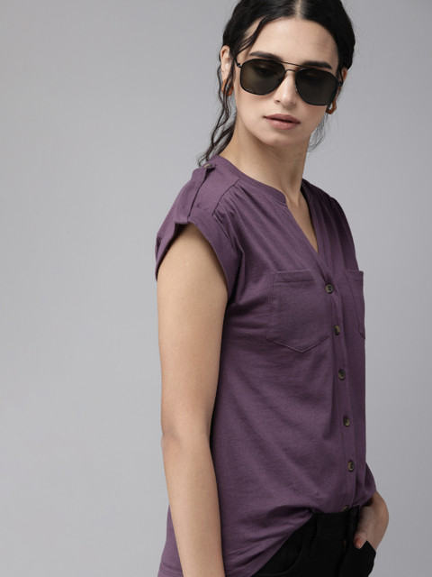

Roadster Women Purple Pure Cotton Solid Regular Top