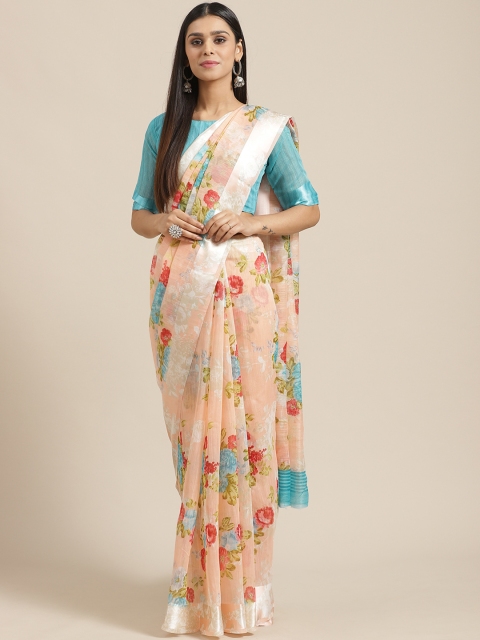 

Saree mall Peach-Coloured & Blue Floral Print Saree