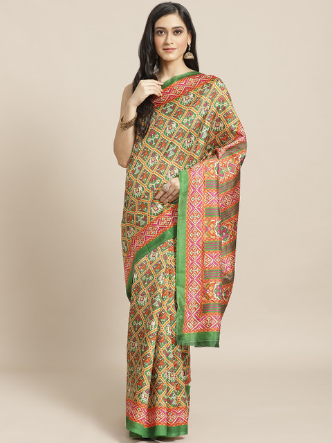 

Saree mall Green & Mustard Yellow Ethnic Print Saree