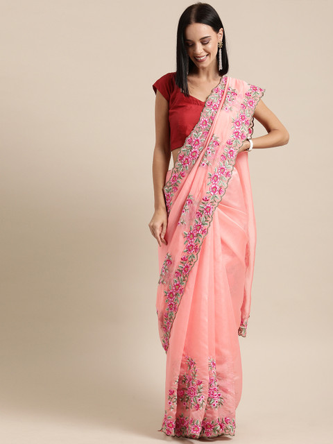 

Tikhi Imli Peach-Coloured & Green Organza Embroidered Saree