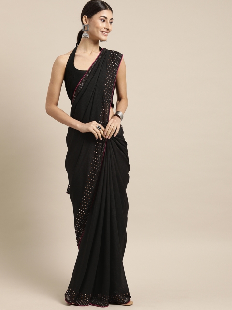 

Tikhi Imli Black & Pink Poly Crepe Solid Saree With Swarovski Crystal