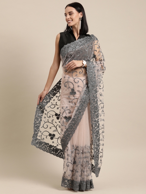 

Tikhi Imli Beige & Grey Net Embroidered Saree