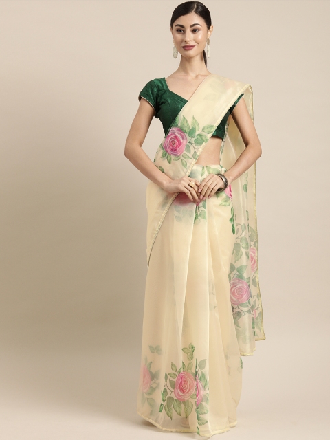 

Tikhi Imli Yellow & Pink Organza Floral Print Saree