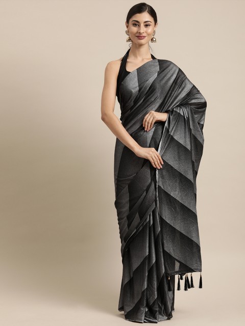 

Tikhi Imli Grey & Black Poly Crepe Striped Saree