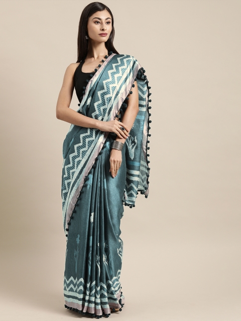 

Tikhi Imli Teal Blue & Off-White Polycotton Printed Saree
