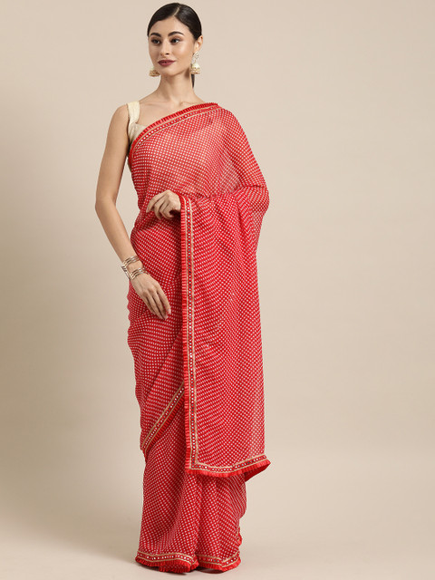 

Tikhi Imli Red & White Poly Georgette Printed Saree