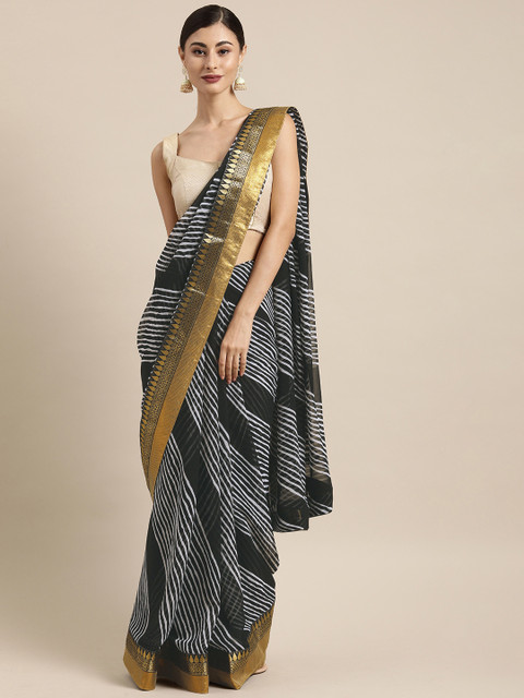 

Tikhi Imli Black & White Poly Georgette Printed Leheriya Saree