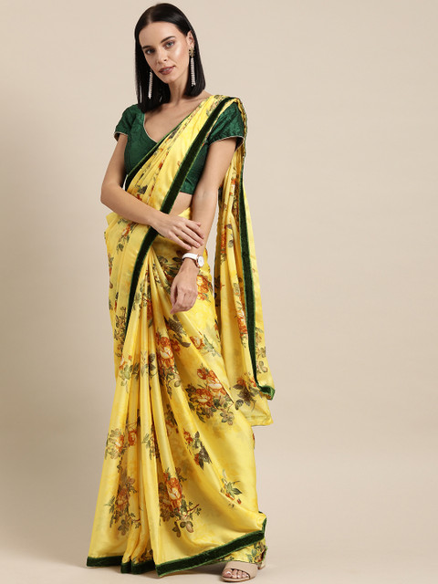 

Tikhi Imli Yellow & Green Poly Crepe Floral Printed Saree