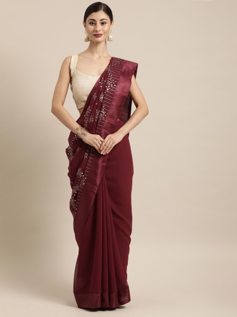 

Tikhi Imli Maroon Embellished Poly Georgette Saree With Mirror Work