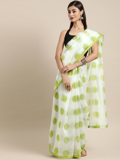 

Tikhi Imli Off-White & Green Organza Polka Dots Printed Saree