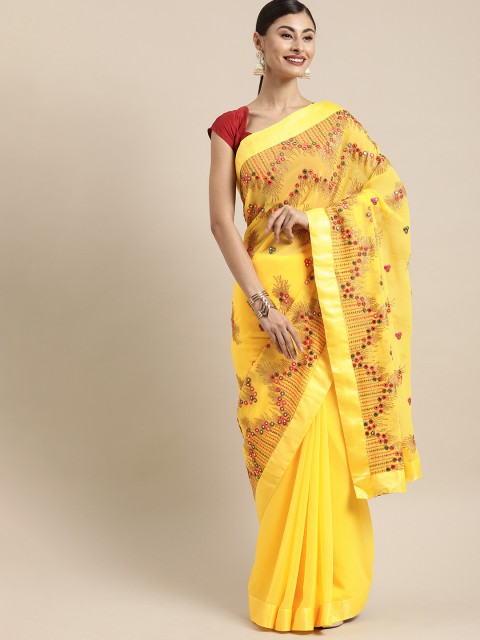 

Tikhi Imli Yellow Embroidered Poly Georgette Saree with Mirror Work