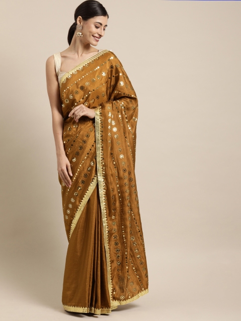 

Tikhi Imli Brown Mirror Work Embellished Poly Crepe Saree