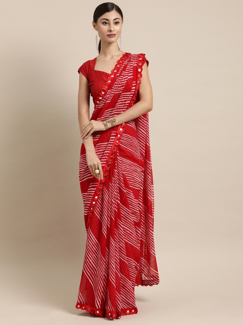 

Tikhi Imli Red & White Poly Georgette Printed Leheriya Saree