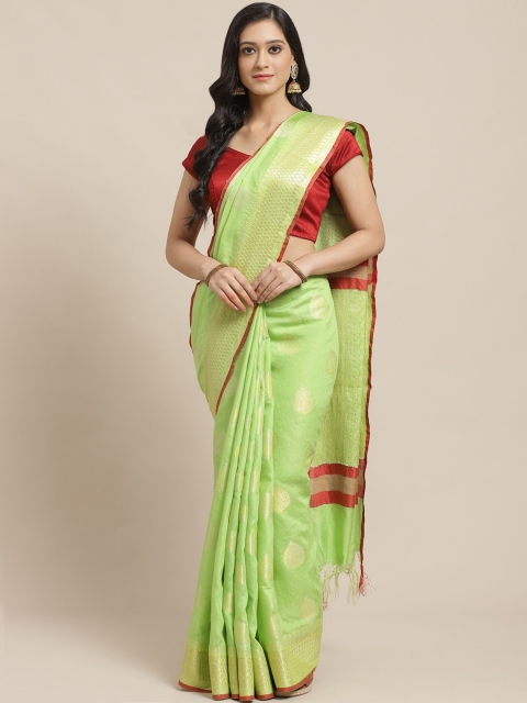 

swatika Green & Golden Zari Jacquard Woven Design Handloom Banarasi Saree