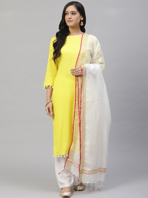 

swatika White Hanloom Zari Solid Pure Linen Bhagalpuri Dupatta