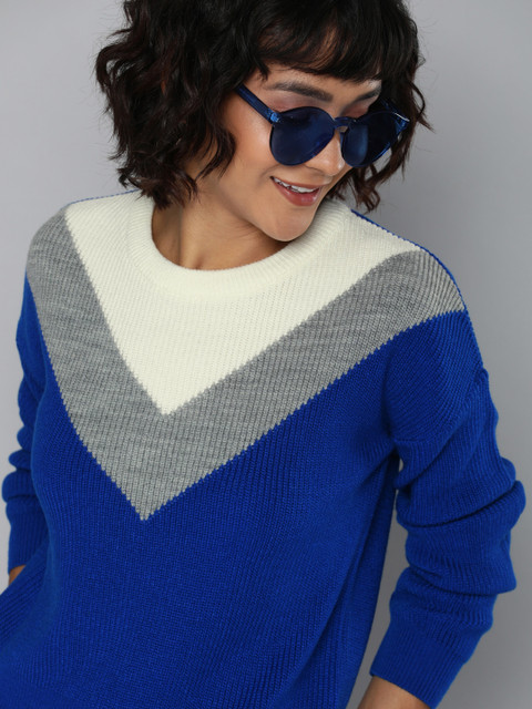 

HERE&NOW Women Blue & Off-White Colourblocked Pullover Sweater