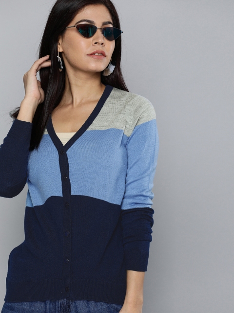 

HERE&NOW Women Navy Blue & Grey Colourblocked Cardigan Sweater