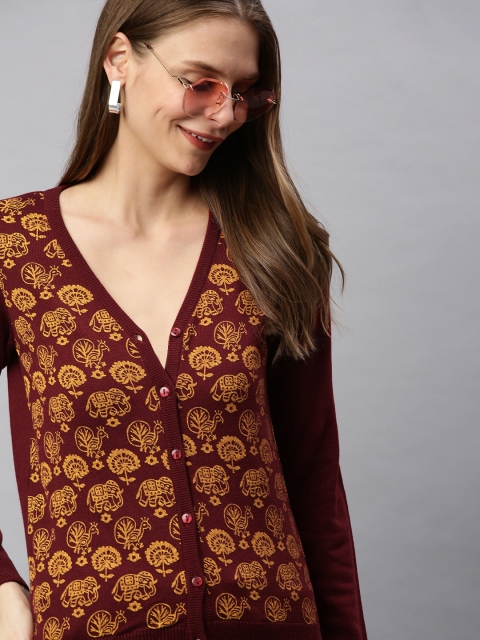 

HERE&NOW Women Maroon & Yellow Printed Cardigan Sweater