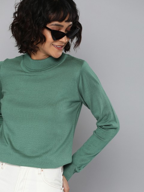 

HERE&NOW Women Green Solid Pullover Sweater