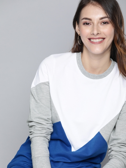 

HERE&NOW Women White & Blue Colourblocked Sweatshirt