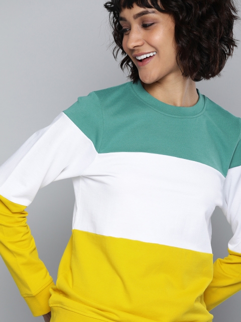 

HERE&NOW Women Yellow & White Colourblocked Sweatshirt