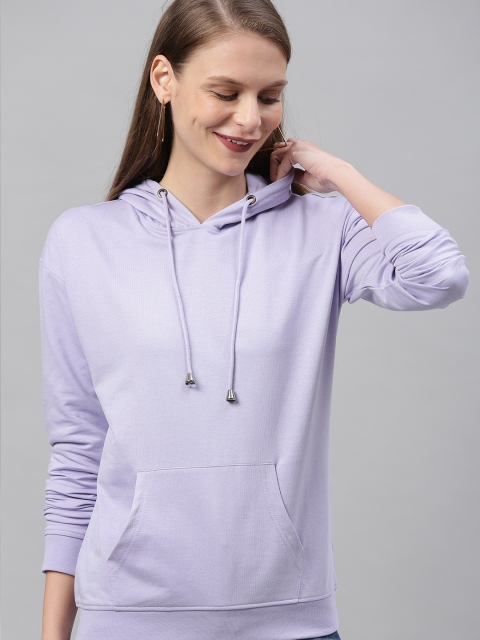 Women Lavender Solid Hooded Sweatshirt