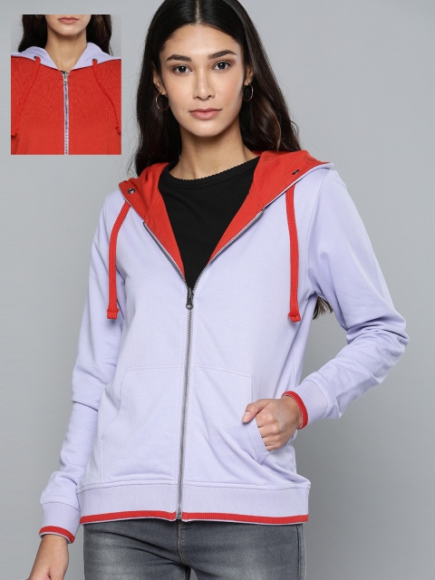 

HERE&NOW Women Purple & Rust Orange Solid Hooded Reversible Sweatshirt