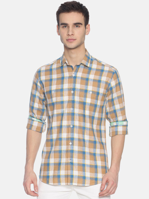 

CAVALLO by Linen Club Men Cotton Linen Brown & Blue Regular Fit Checked Sustainable Casual Shirt