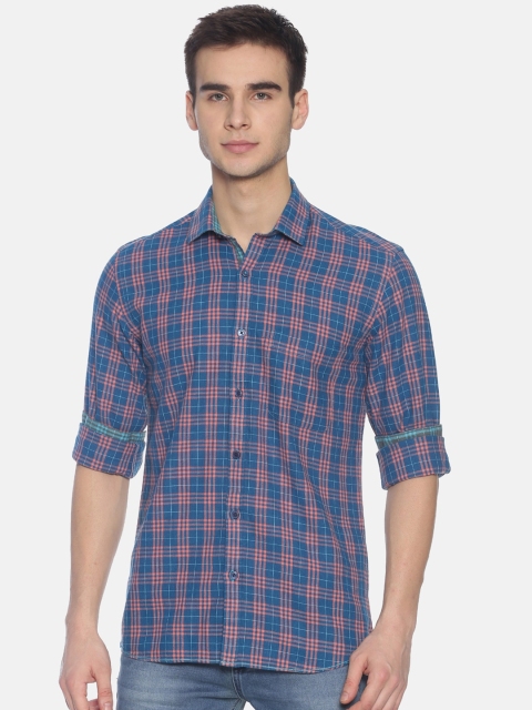 

CAVALLO by Linen Club Men Cotton Linen Blue & Peach-Coloured Regular Fit Checked Sustainable Casual Shirt