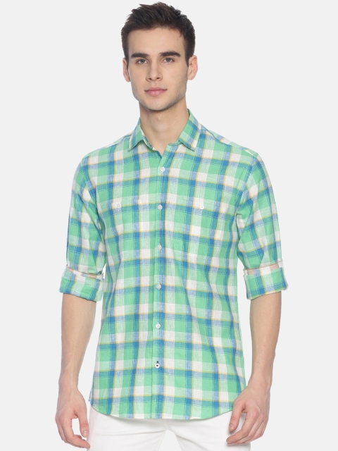 

CAVALLO by Linen Club Men Cotton Linen Green & White Regular Fit Checked Sustainable Casual Shirt