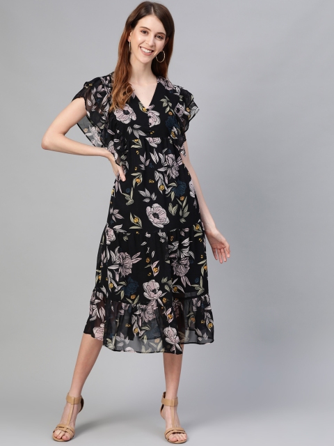 

Mast & Harbour Women Black & Pink Tiered Floral Print A-Line Dress